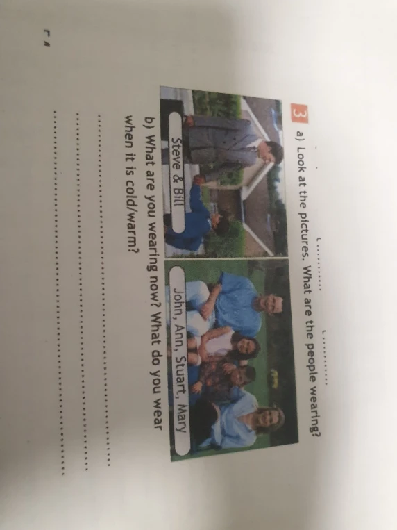Look at the pictures. What are the people wearing?
