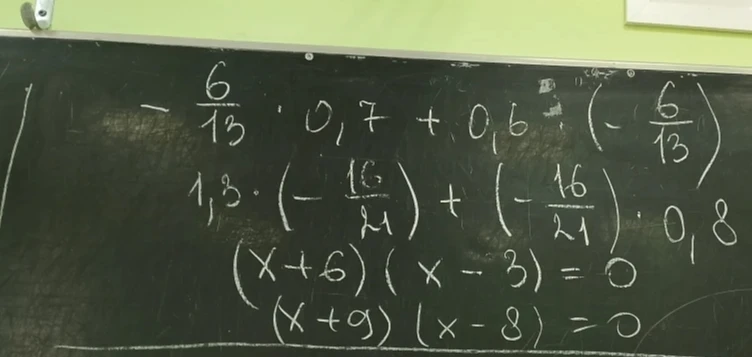 Вычислите выражения и решите уравнения: -6/13 * 0,7 + 0,6 * (-6/13); 1,3 * (-16/21) + (-16/21) * 0,8; (x+6)(x-3)=0; (x+9)(x-8)=0