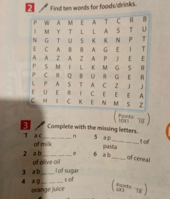 Find ten words for foods/drinks. Complete with the missing letters.