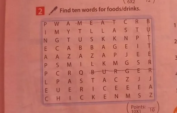 Find ten words for foods/drinks.
