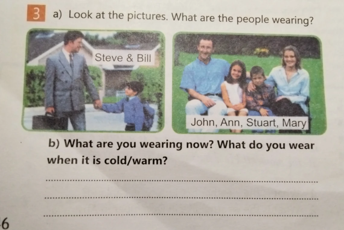 Look at the pictures. What are the people wearing? b) What are you wearing now? What do you wear when it is cold/warm?
