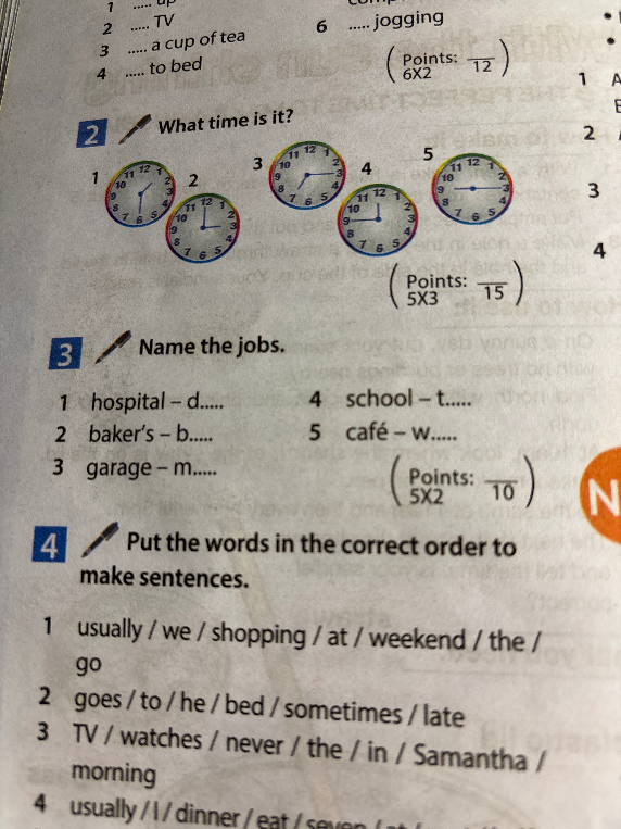 What time is it?; Name the jobs.; Put the words in the correct order to make sentences.