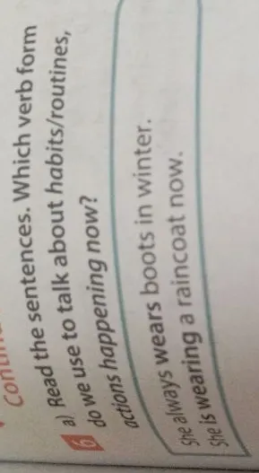 Read the sentences. Which verb form do we use to talk about habits/routines, actions happening now?