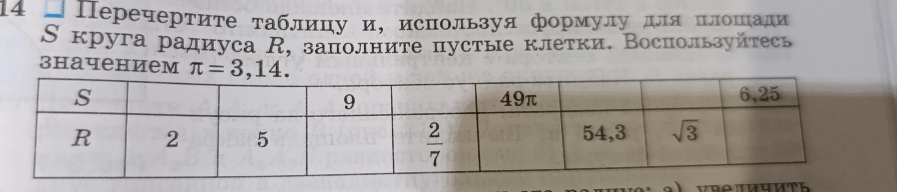 Перечертите таблицу и, используя формулу для площади S круга радиуса R, заполните пустые клетки. Воспользуйтесь значением π = 3,14.