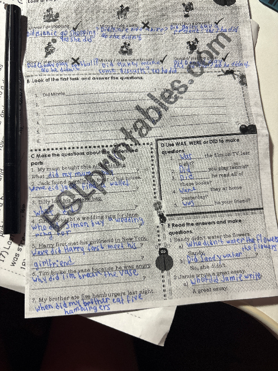Look at the first task and answer the questions. Make the questions about the underlined parts. Use WAS, WERE or DID to make questions. Read the answers and make the questions.