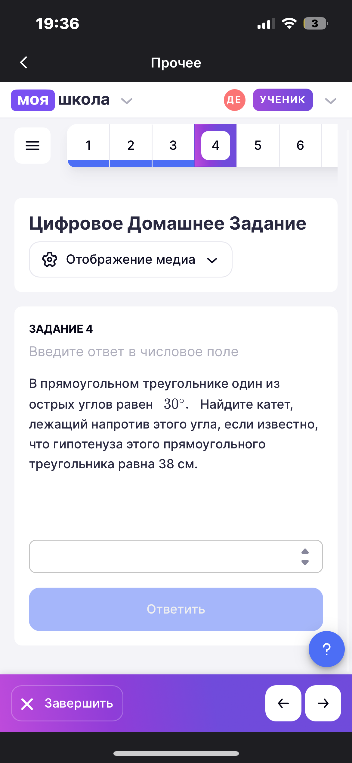 В прямоугольном треугольнике один из острых углов равен 30°. Найдите катет, лежащий напротив этого угла, если известно, что гипотенуза этого прямоугольного треугольника равна 38 см.