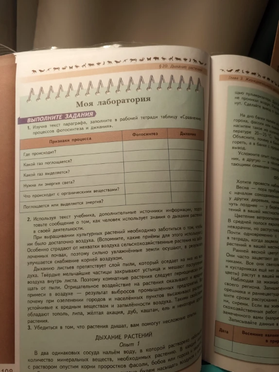 Изучив текст параграфа, заполните в рабочей тетради таблицу «Сравнение процессов фотосинтеза и дыхания».