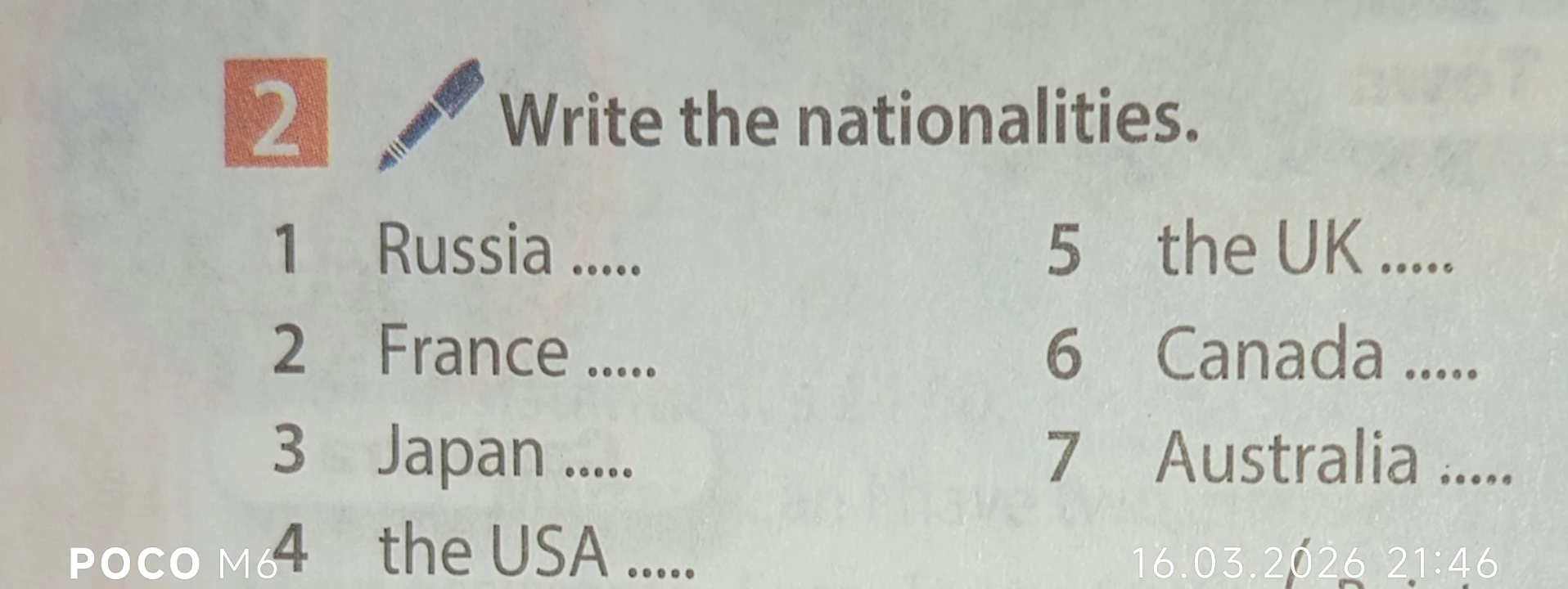 Write the nationalities: Russia, France, Japan, the USA, the UK, Canada, Australia.