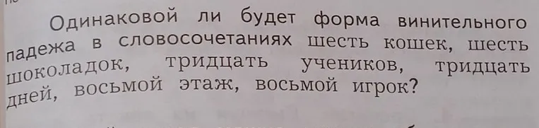 Одинаковой ли будет форма винительного падежа в словосочетаниях шесть кошек, шесть шоколадок, тридцать учеников, тридцать дней, восьмой этаж, восьмой игрок?