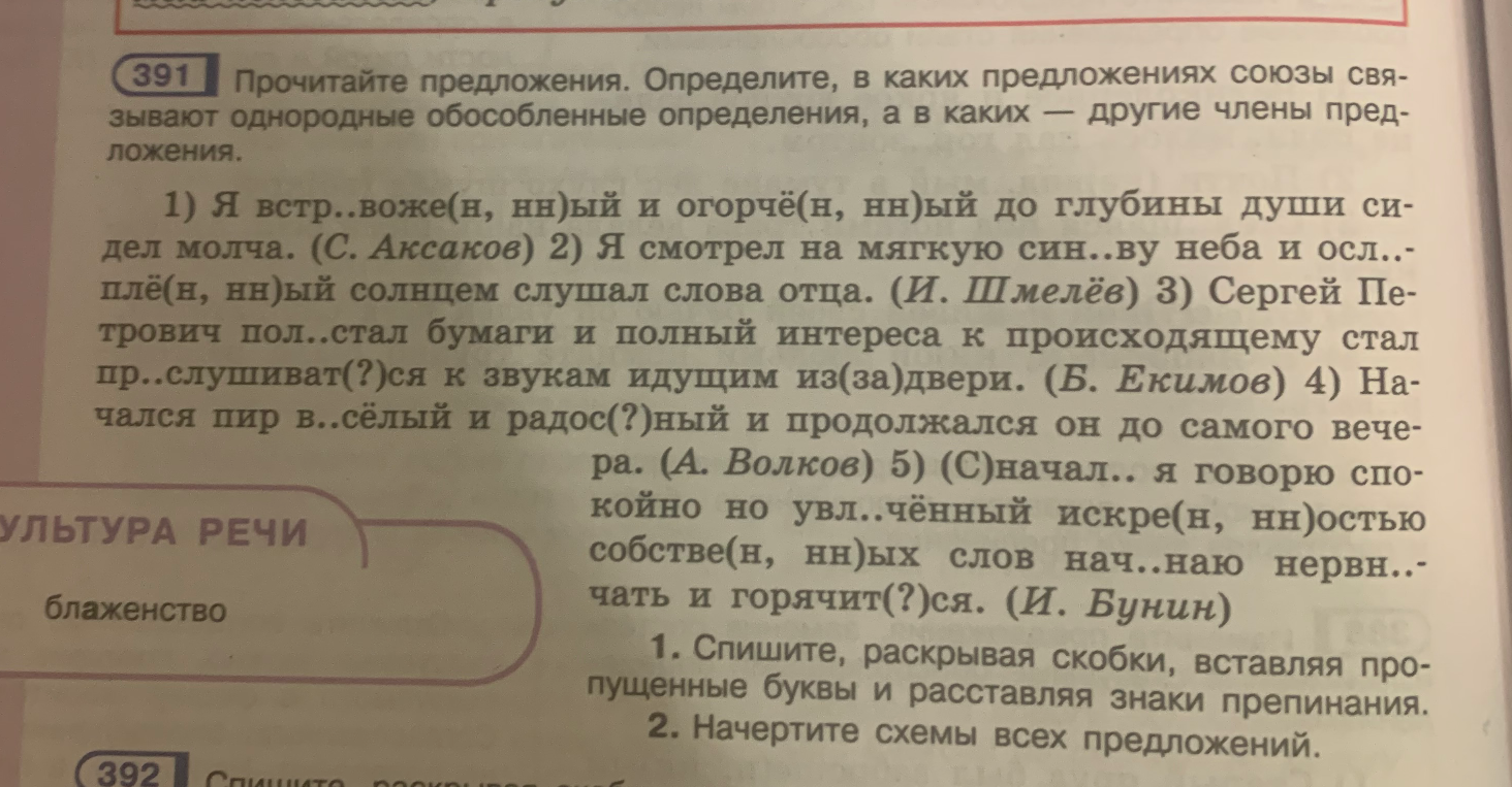 Прочитайте предложения. Определите, в каких предложениях союзы связывают однородные обособленные определения, а в каких — другие члены предложения. 1. Спишите, раскрывая скобки, вставляя пропущенные буквы и расставляя знаки препинания. 2. Начертите схемы всех предложений.