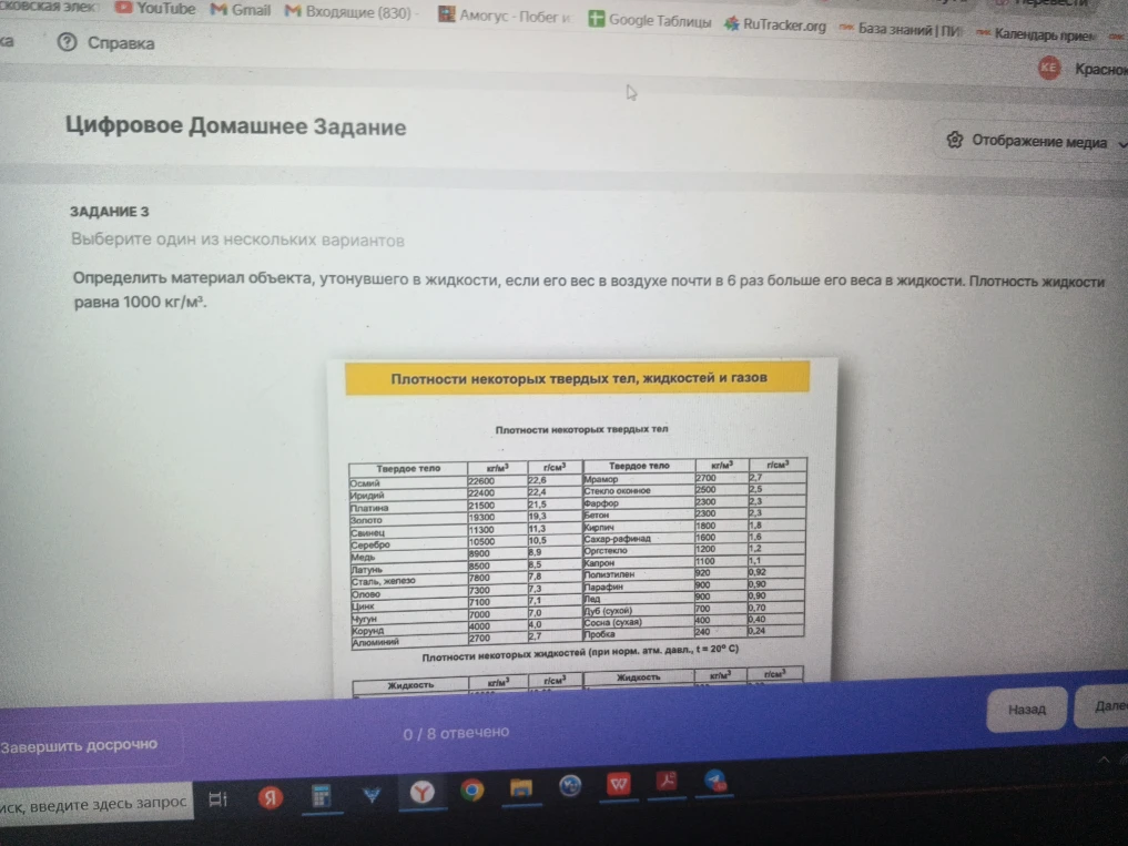 Определите материал объекта, утонувшего в жидкости, если его вес в воздухе почти в 6 раз больше его веса в жидкости. Плотность жидкости равна 1000 кг/м³.
