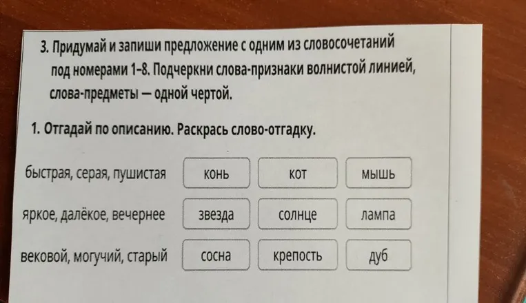 Придумай и запиши предложение с одним из словосочетаний под номерами 1-8. Подчеркни слова-признаки волнистой линией, слова-предметы — одной чертой.