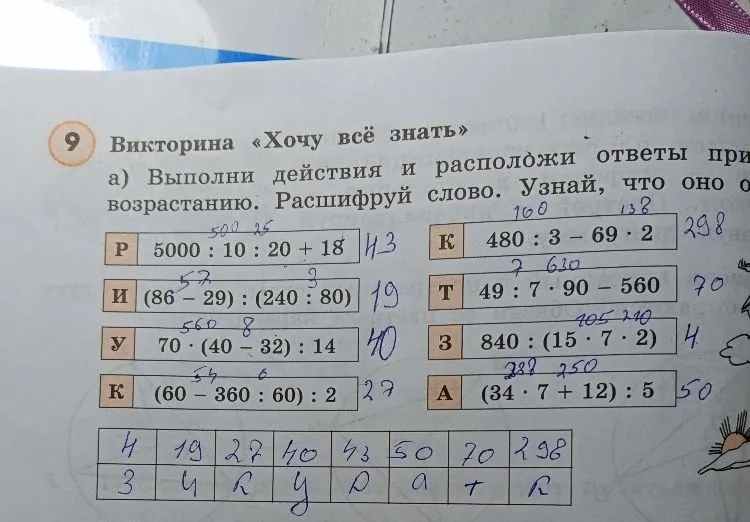 Выполни действия и расположи ответы в порядке возрастанию. Расшифруй слово. Узнай, что оно означает.