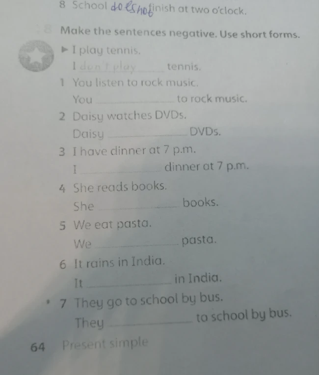 Make the sentences negative. Use short forms.