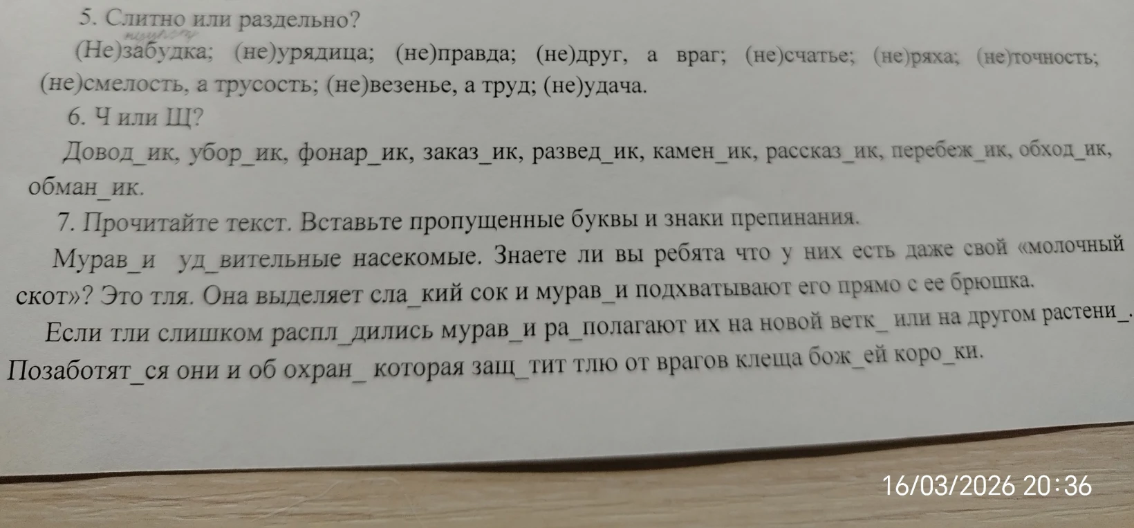 5. Слитно или раздельно? (Не)забудка; (не)урядица; (не)правда... 6. Ч или Щ? Довод_ик, убор_ик... 7. Прочитайте текст. Вставьте пропущенные буквы и знаки препинания.