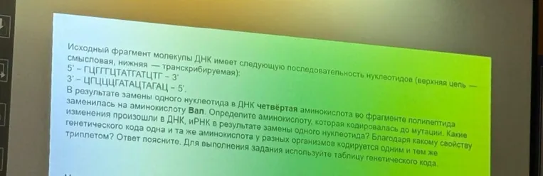 Исходный фрагмент молекулы ДНК имеет следующую последовательность нуклеотидов (верхняя цепь — смысловая, нижняя — транскрибируемая): 5' - ГЦГГГЦТАТГАТЦТГ - 3', 3' - ЦГЦЦЦГАТАЦТАГАЦ - 5'. В результате замены одного нуклеотида в ДНК четвёртая аминокислота во фрагменте полипептида заменилась на аминокислоту Вал. Определите аминокислоту, которая кодировалась до мутации. Какие изменения произошли в ДНК, иРНК в результате замены одного нуклеотида? Благодаря какому свойству генетического кода одна и та же аминокислота у разных организмов кодируется одним и тем же триплетом? Ответ поясните. Для выполнения задания используйте таблицу генетического кода.