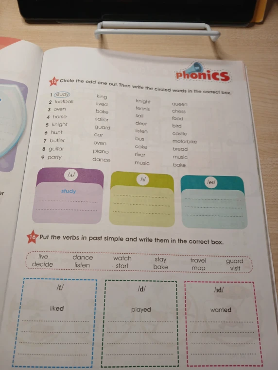 Circle the odd one out. Then write the circled words in the correct box. Put the verbs in past simple and write them in the correct box.