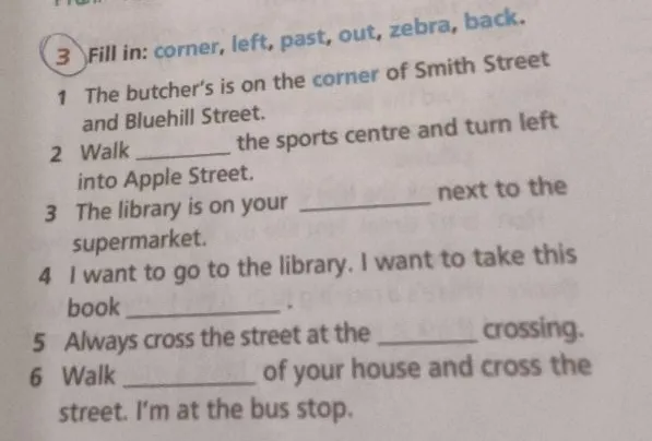Fill in: corner, left, past, out, zebra, back.