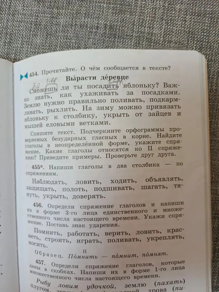 454. Прочитайте. О чём сообщается в тексте? Вырасти деревце. Спишите текст. Подчеркните орфограммы проверяемых безударных гласных в корне. Найдите глаголы в неопределённой форме, укажите спряжение. Какие глаголы относятся ко II спряжению? Приведите примеры.