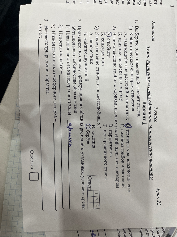 Выберите один правильный вариант ответа. К абиотическим факторам относятся: А. взаимодействие растений и животных Б. влияние человека на природу В. температура, влажность, свет.