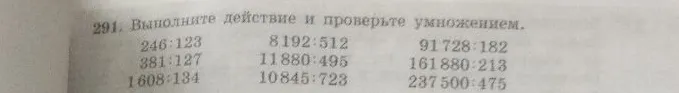 291. Выполните действие и проверьте умножением. 246:123; 8192:512; 91728:182; 381:127; 11880:495; 161880:213; 1608:134; 10845:723; 237500:475