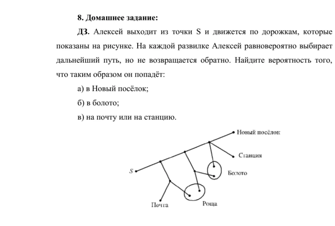Алексей выходит из точки S и движется по дорожкам, которые показаны на рисунке. На каждой развилке Алексей равновероятно выбирает дальнейший путь, но не возвращается обратно. Найдите вероятность того, что таким образом он попадёт: а) в Новый посёлок; б) в болото; в) на почту или на станцию.