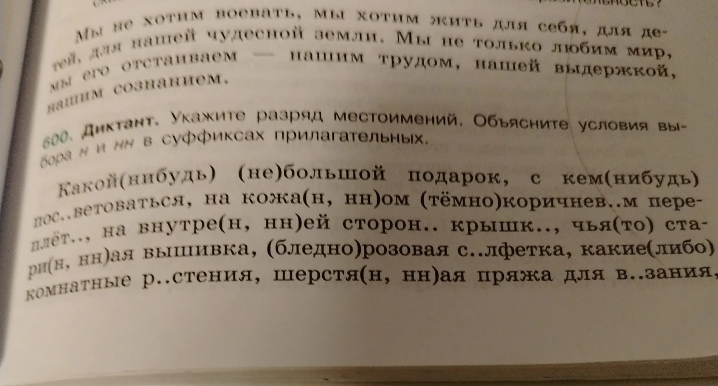 600. Диктант. Укажите разряд местоимений. Объясните условия выбора н и нн в суффиксах прилагательных.