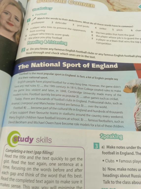 Match the words to their definitions. What do all these words have in common? Fill in the gaps in the text 'The National Sport of England'.