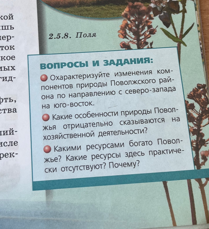 Охарактеризуйте изменения компонентов природы Поволжского района по направлению с северо-запада на юго-восток. Какие особенности природы Поволжья отрицательно сказываются на хозяйственной деятельности? Какими ресурсами богато Поволжье? Какие ресурсы здесь практически отсутствуют? Почему?