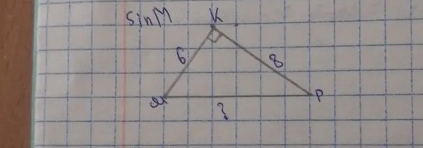 В прямоугольном треугольнике со сторонами 6 и 8 найдите гипотенузу и sin M.