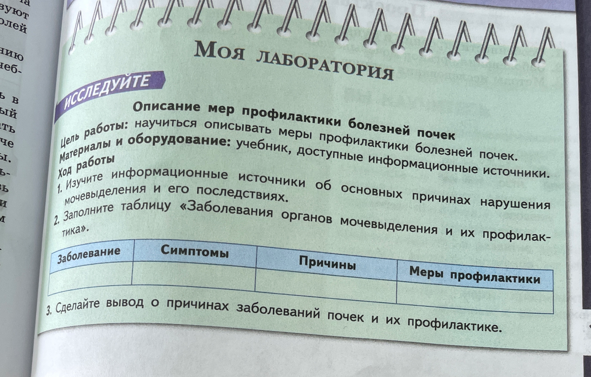 Описание мер профилактики болезней почек. Заполните таблицу «Заболевания органов мочевыделения и их профилактика». Сделайте вывод о причинах заболеваний почек и их профилактике.