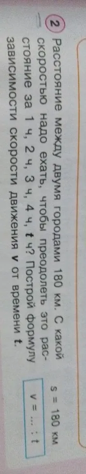 Расстояние между двумя городами 180 км. С какой скоростью надо ехать, чтобы преодолеть это расстояние за 1 ч, 2 ч, 3 ч, 4 ч, t ч? Построй формулу зависимости скорости движения v от времени t.