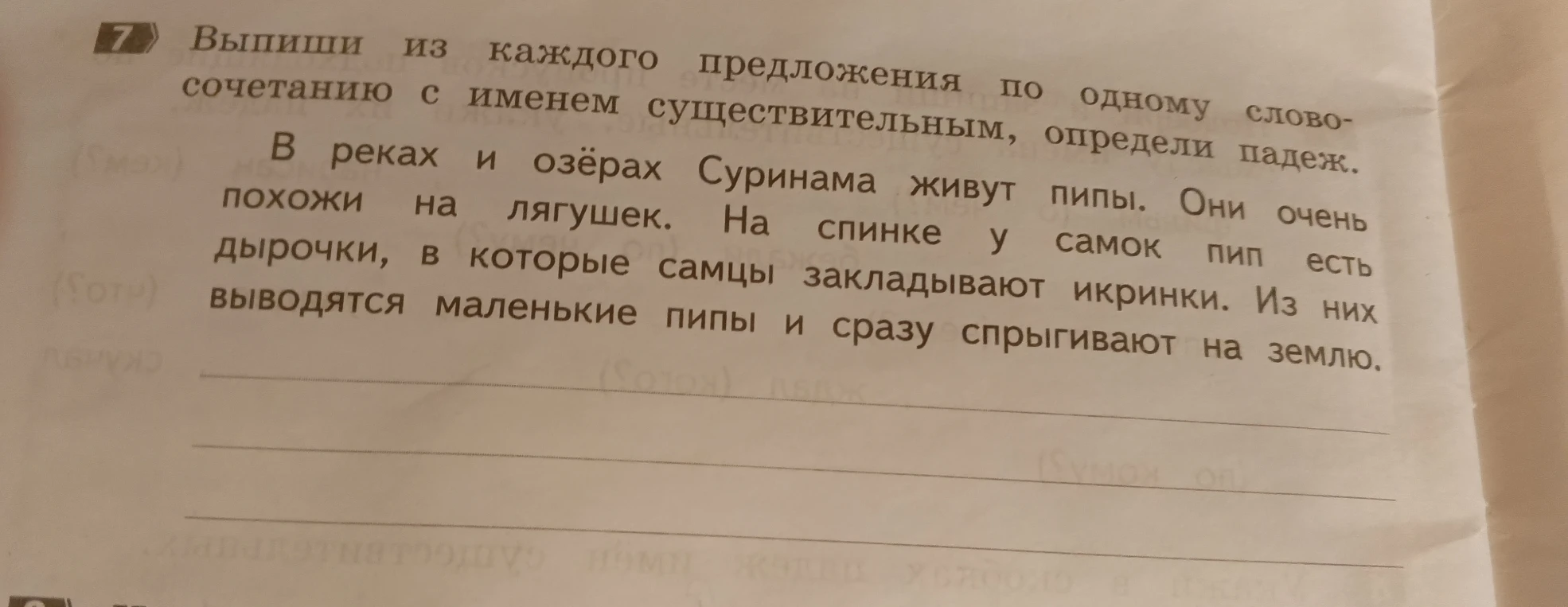 Выпиши из каждого предложения по одному словосочетанию с именем существительным, определи падеж.