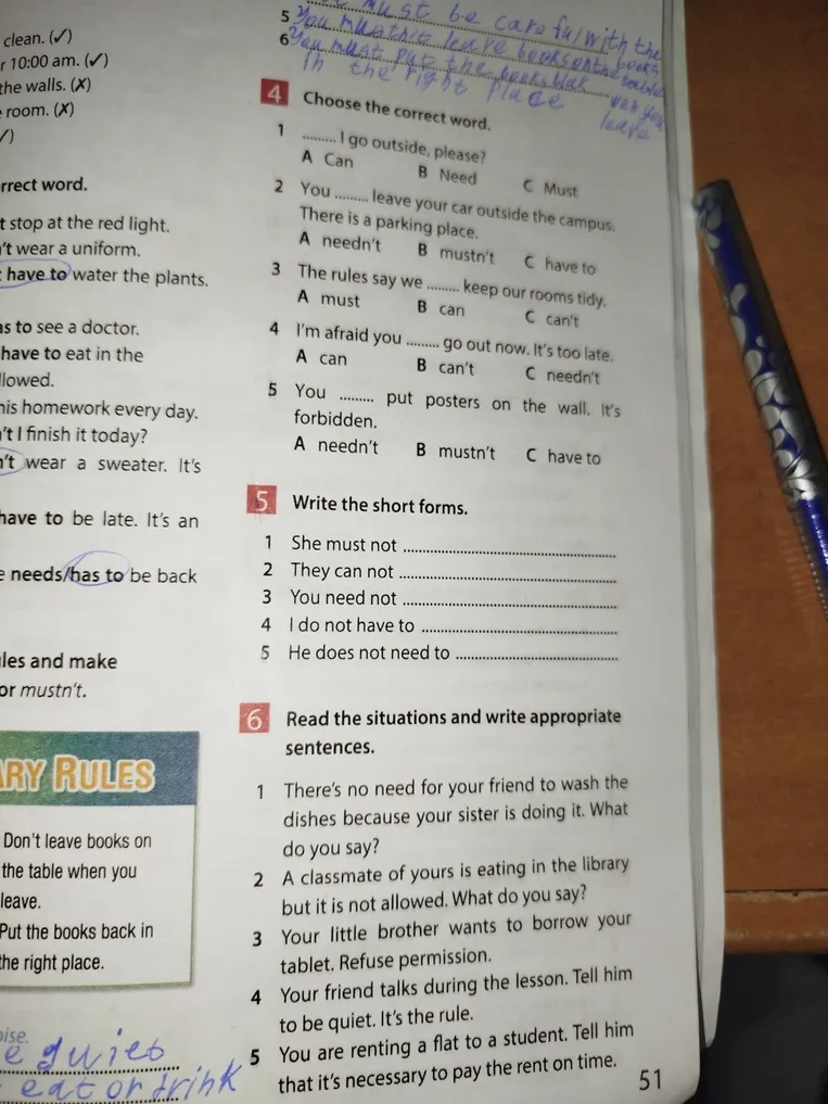Choose the correct word; Write the short forms; Read the situations and write appropriate sentences.