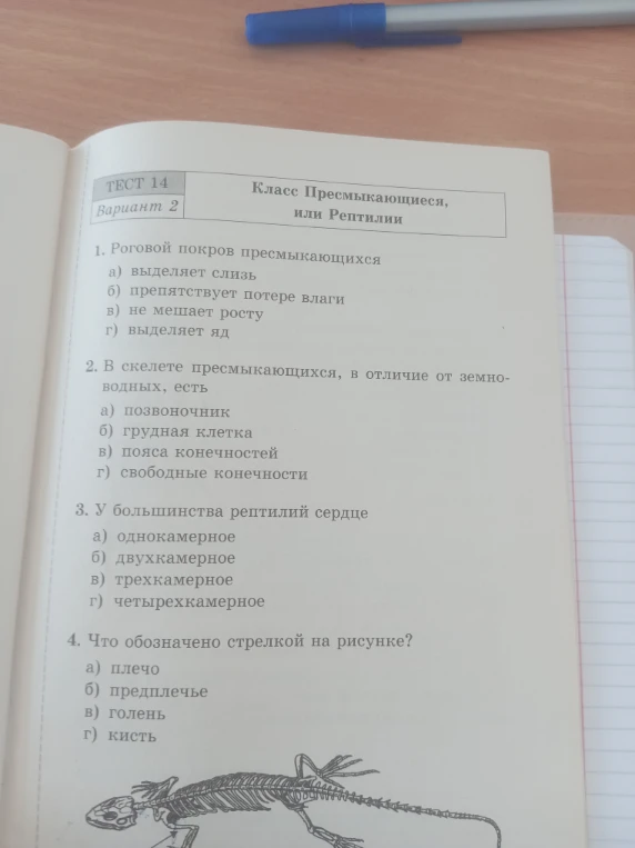 ТЕСТ 14. Вариант 2. Класс Пресмыкающиеся, или Рептилии. 1. Роговой покров пресмыкающихся а) выделяет слизь б) препятствует потере влаги в) не мешает росту г) выделяет яд