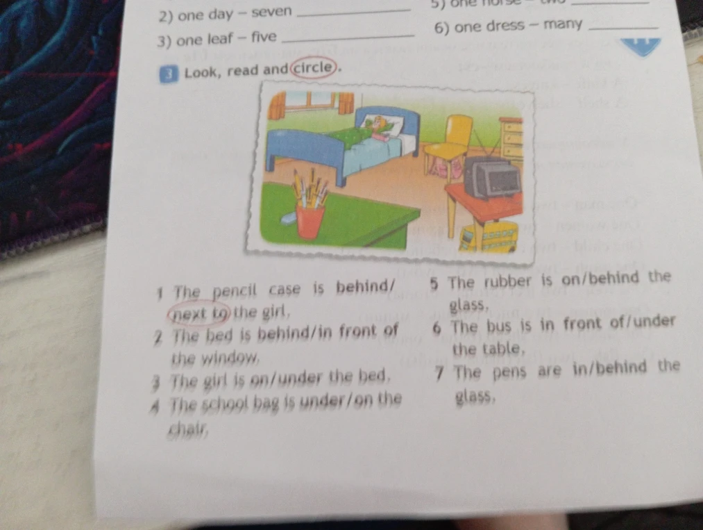 Look, read and circle. Choose the correct preposition based on the picture.