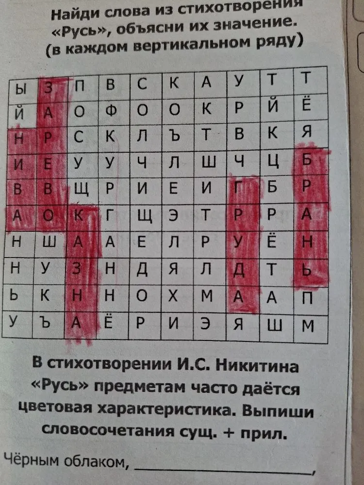 Найди слова из стихотворения «Русь», объясни их значение. Выпиши словосочетания сущ. + прил.
