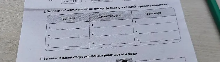 Заполни таблицу. Напиши по три профессии для каждой отрасли экономики.