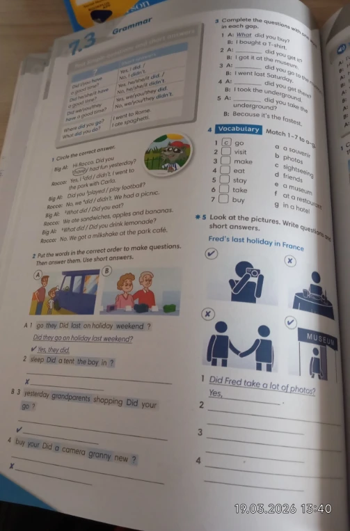 Выполните задания 1-5 на странице учебника: выберите правильный вариант, составьте вопросы из слов, заполните пропуски вопросительными словами, соотнесите глаголы с существительными и напишите вопросы по картинкам.