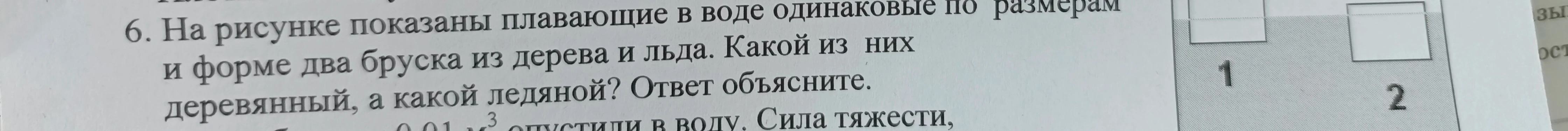 На рисунке показаны плавающие в воде одинаковые по размерам и форме два бруска из дерева и льда. Какой из них деревянный, а какой ледяной? Ответ объясните.