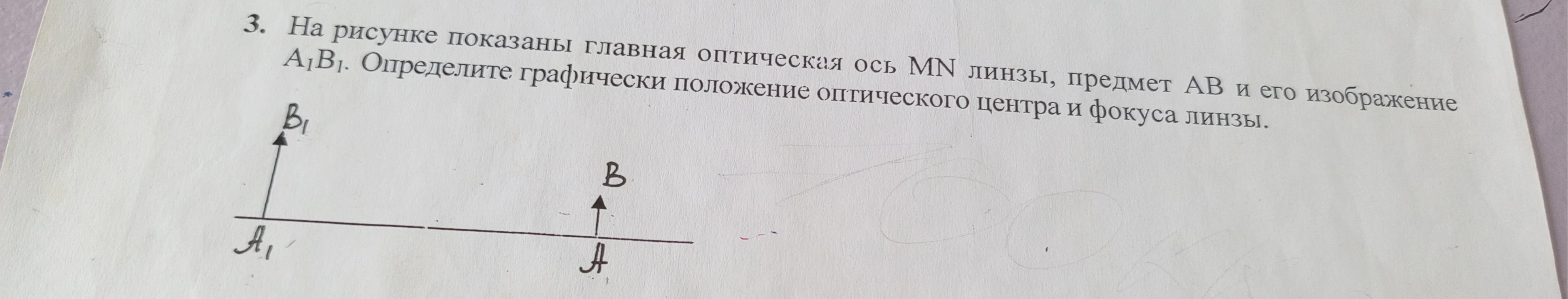 На рисунке показаны главная оптическая ось MN линзы, предмет AB и его изображение A1B1. Определите графически положение оптического центра и фокуса линзы.