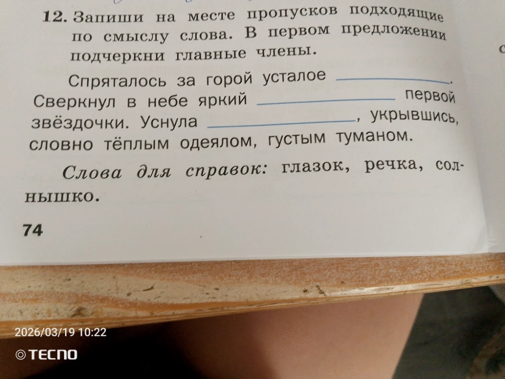 Запиши на месте пропусков подходящие по смыслу слова. В первом предложении подчеркни главные члены.