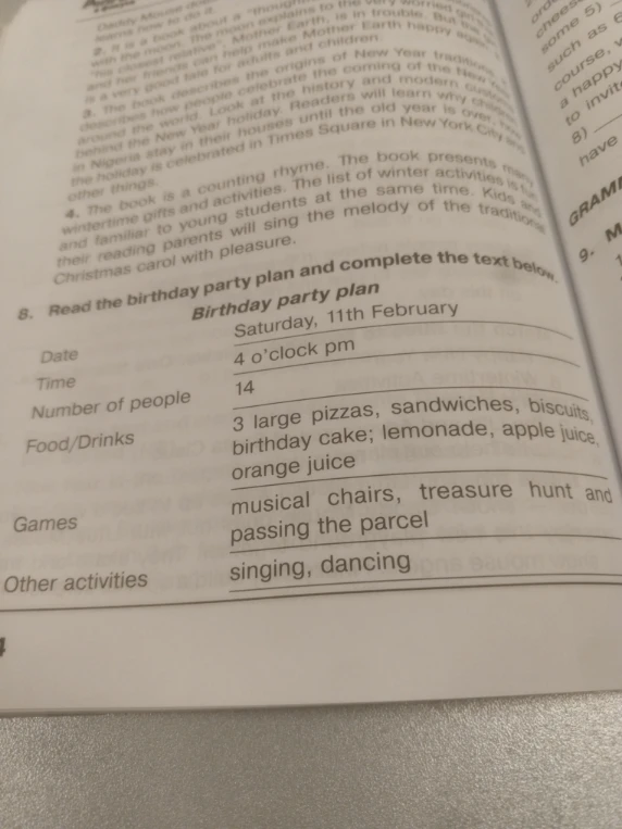 Read the birthday party plan and complete the text below.