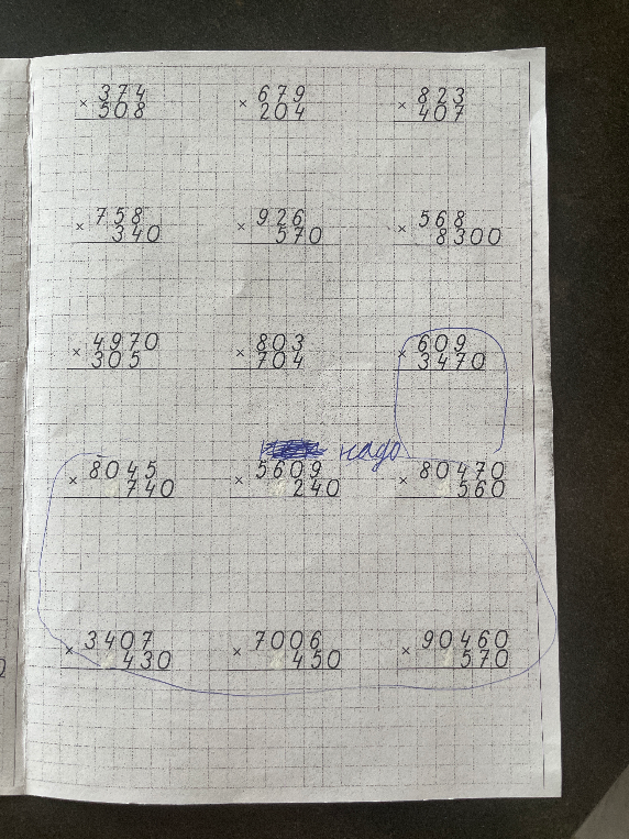Выполните умножение в столбик для обведённых примеров: 609 * 3470, 8045 * 740, 5609 * 240, 80470 * 560, 3407 * 430, 7006 * 450, 90460 * 570.