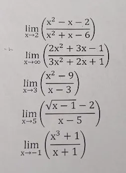 Вычислите пределы функций: lim(x->2) (x^2-x-2)/(x^2+x-6), lim(x->inf) (2x^2+3x-1)/(3x^2+2x+1), lim(x->3) (x^2-9)/(x-3), lim(x->5) (sqrt(x-1)-2)/(x-5), lim(x->-1) (x^3+1)/(x+1)