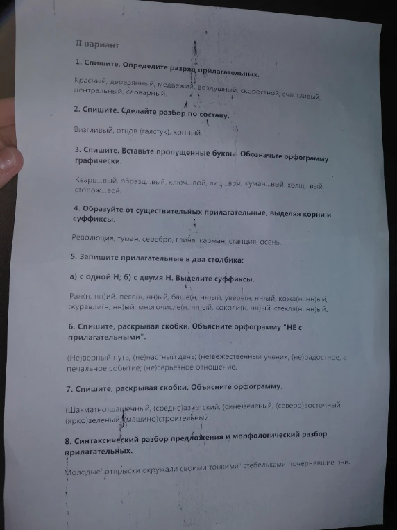 II вариант. 1. Спишите. Определите разряд прилагательных. 2. Спишите. Сделайте разбор по составу. 3. Вставьте пропущенные буквы. 4. Образуйте от существительных прилагательные. 5. Запишите прилагательные в два столбика: а) с одной Н; б) с двумя Н. 6. Спишите, раскрывая скобки. Объясните орфограмму 'НЕ с прилагательными'. 7. Спишите, раскрывая скобки. Объясните орфограмму. 8. Синтаксический разбор предложения и морфологический разбор прилагательных.