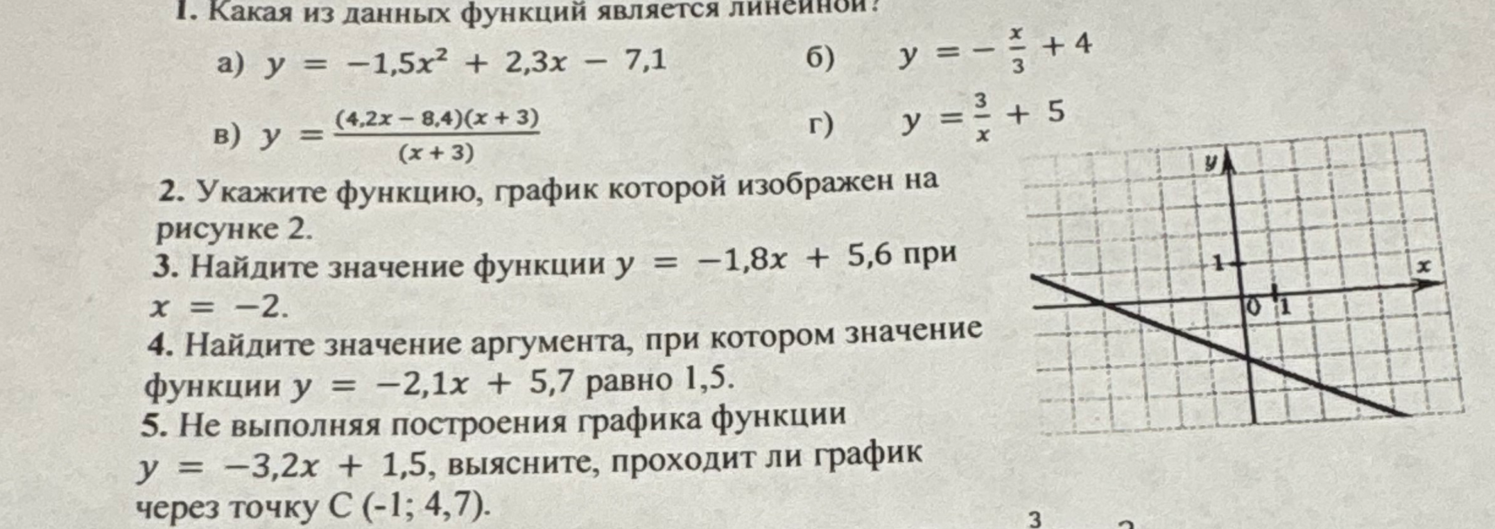 1. Какая из данных функций является линейной?
2. Укажите функцию, график которой изображен на рисунке 2.
3. Найдите значение функции y = -1,8x + 5,6 при x = -2.
4. Найдите значение аргумента, при котором значение функции y = -2,1x + 5,7 равно 1,5.
5. Не выполняя построения графика функции y = -3,2x + 1,5, выясните, проходит ли график через точку C(-1; 4,7).