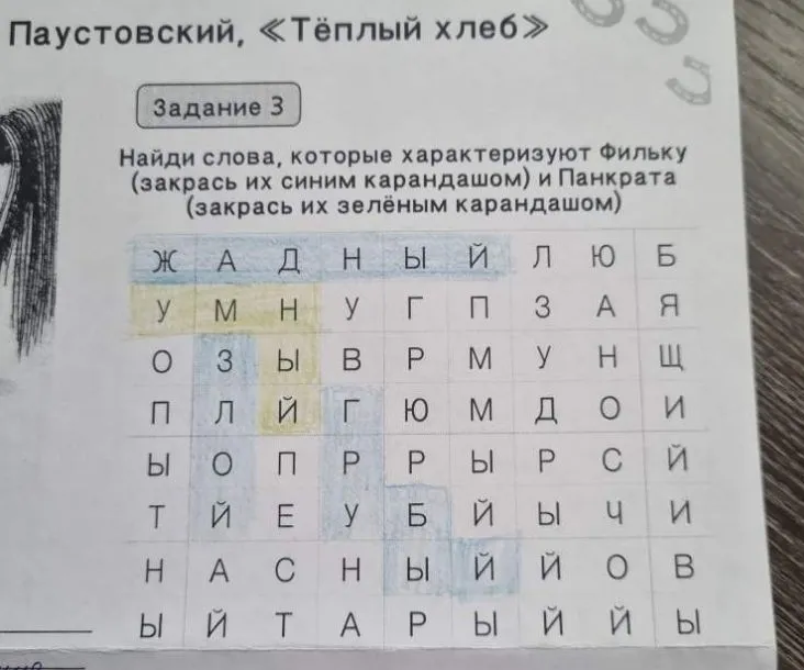 Найди слова, которые характеризуют Фильку (закрась их синим карандашом) и Панкрата (закрась их зелёным карандашом)