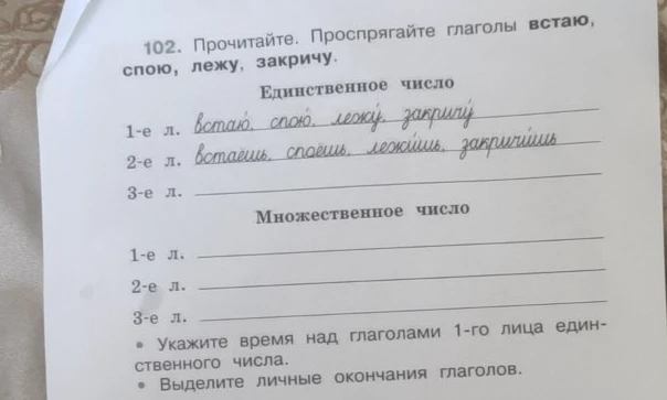 102. Прочитайте. Проспрягайте глаголы встаю, спою, лежу, закричу.