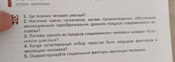 1. Где возник человек умелый? 2. Наличие каких признаков, кроме прямохождения, обеспечило эволюционное преобразование древних предков современного человека? 3. Почему одного из предков современного человека назвали Человеком умелым? 4. Когда естественный отбор перестал быть ведущим фактором в эволюции человека? 5. Охарактеризуйте социальные факторы эволюции человека.